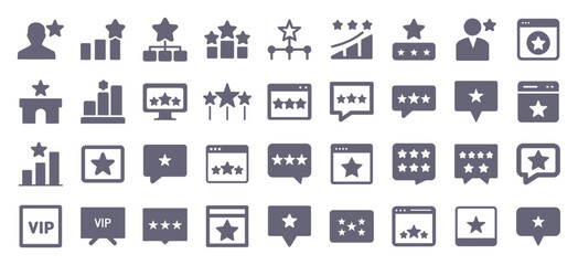 Star rating glyph flat icons. Vector solid pictogram set included icon as customer satisfaction feedback, reputation, favorite, loyalty, review silhouette illustration for infographic.