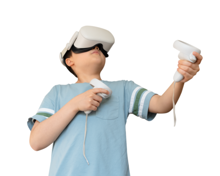 Isolated Child boy playing with virtual reality goggles or VR headset, Concept Video Gaming with modern technology glasses