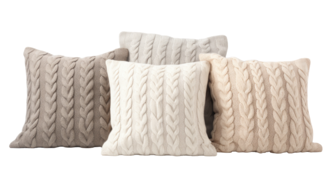 A quartet of fluffy pillows in assorted colors on a plain white background