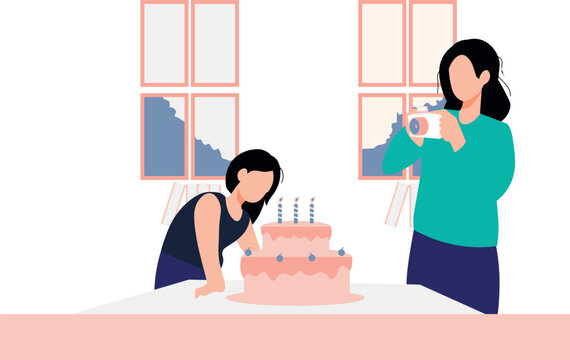 Mother and daughter clicking cake pictures.