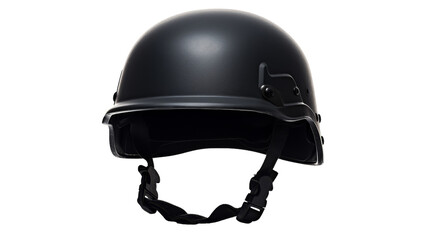A sleek black helmet stands alone on a stark white background