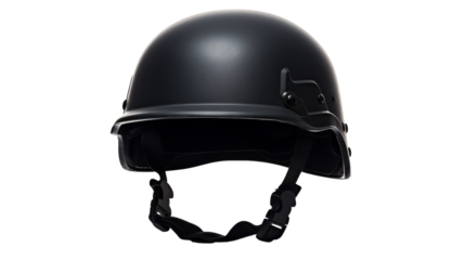 A sleek black helmet stands alone on a stark white background