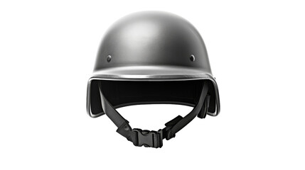 Naklejka premium A gleaming silver helmet, symbol of strength and protection, stands boldly against a pristine white background