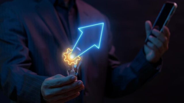Operation management involving business process, success cooperation teamwork investment, economy and finance concept. Businessman showing animation of up arrow with gears spinning around.