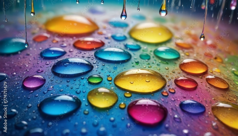 Poster macro shot of multi-colored water droplets on a surface, each droplet reflecting light and showcasin