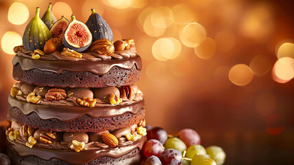 An image showcasing a towering chocolate birthday cake