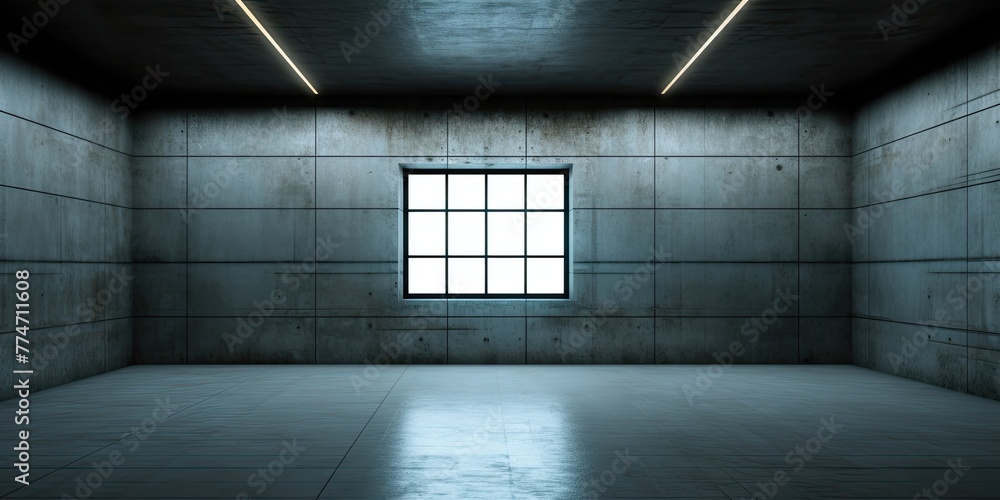 Poster a large empty room with three windows. the windows are all closed and the room is very dark