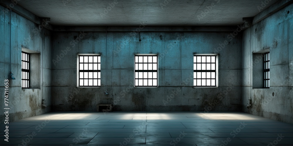Poster a large empty room with three windows. the windows are all closed and the room is very dark