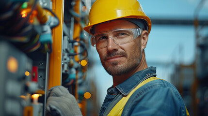 A man in a yellow hard hat and safety glasses is standing in front of a wall of electrical equipment. electrician at work who is behind the banner, standing, front view