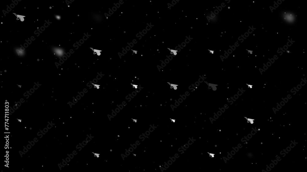 Poster template animation of evenly spaced garden wheelbarrow symbols of different sizes and opacity. anima