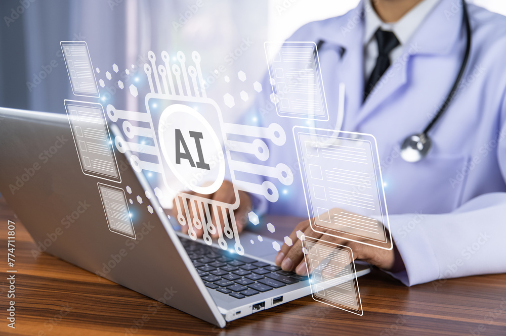 Poster doctor using technology ai artificial intelligence for document management system concept.