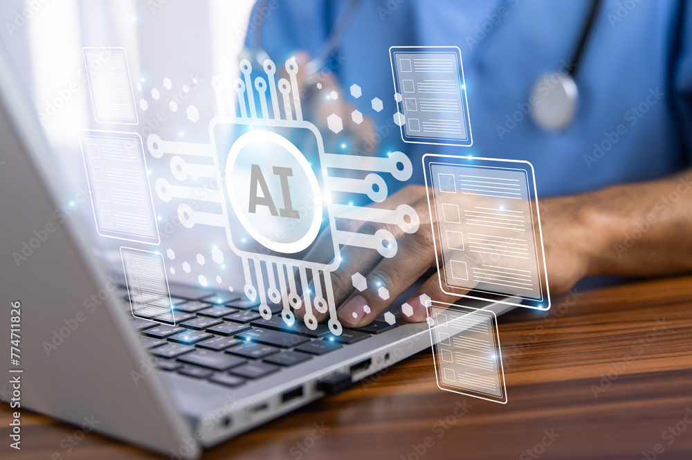 Poster doctor using technology ai artificial intelligence for document management system concept.