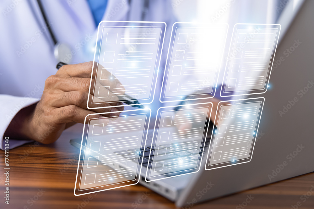 Poster documents concept, doctor use computer connection server data base patient for technology treatment 