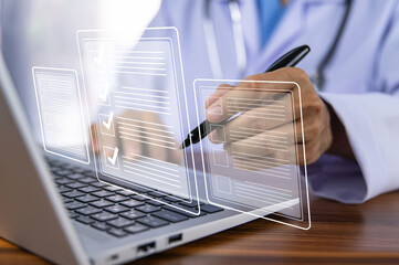Documents concept, Doctor use computer connection server data base patient for technology treatment...