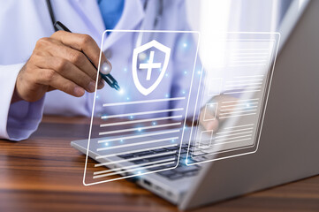 Documents concept, Doctor use computer connection server data base patient for technology treatment...