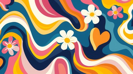 Fototapeta na wymiar Groovy hippie 70s backgrounds, Swirl, Twirl, Pattern, Heart, Daisy, Flower, Twisted, Distorted, Vector, Texture, Retro, Psychedelic, Trendy, Vibrant, Colorful, Trippy, Groove, Funky, 16:9