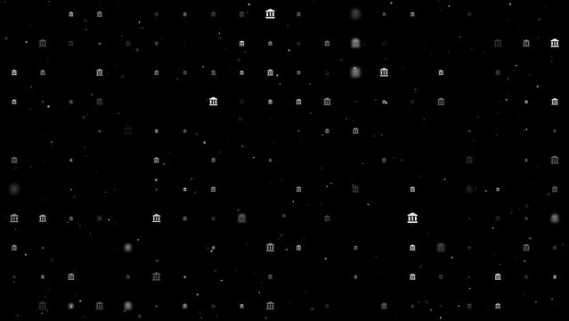Template animation of evenly spaced bank symbols of different sizes and opacity. Animation of transparency and size. Seamless looped 4k animation on black background with stars