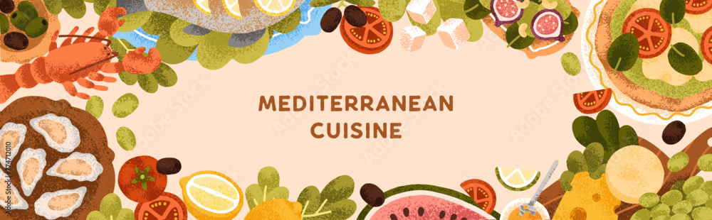 Wall mural mediterranean cuisine, food banner. seafood, vegetable dishes, pizza, long framed culinary backgroun