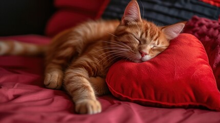 Cute red fluffy cat lies on a furry blanket, sleeping, with a red heart