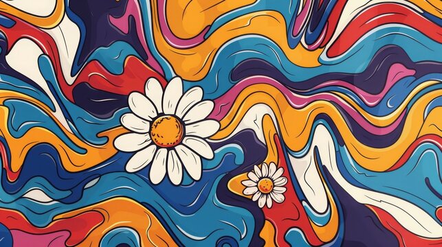 Groovy hippie 70s backgrounds,  Swirl, Twirl, Pattern, Heart, Daisy, Flower, Twisted, Distorted, Vector, Texture, Retro, Psychedelic, Trendy, Vibrant, Colorful, Trippy, Groove, Funky, 16:9