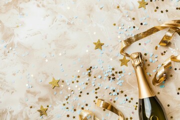 A minimalist-style background with a champagne bottle, ribbons, and star-shaped confetti arranged on a surface. Banner for a New Year celebration party. Flat lay, top view