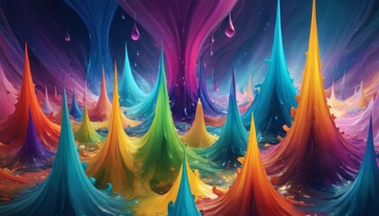 Surreal landscape of vibrant, colorful spikes rising and falling like waves, with a dreamy quality and dynamic movement. AI Generation - obrazy, fototapety, plakaty