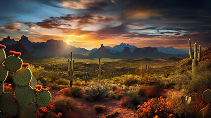 Arizona Desert Sunset and Cactus ai generated - obrazy, fototapety, plakaty