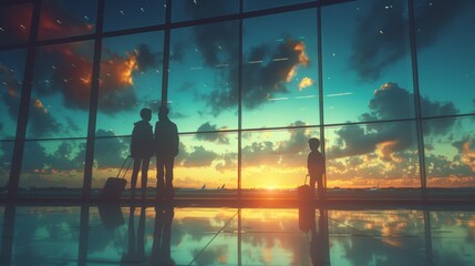 A couple of people standing in front of a window with luggage, AI