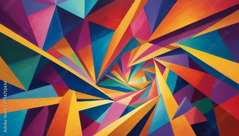 Poster dynamic abstract painting featuring a kaleidoscope of geometric shapes in vivid colors that converge