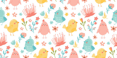 Seamless floral pattern with birds. Hand drawn background