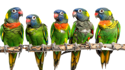 Colorful birds gather on a branch, creating a vibrant and lively scene