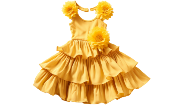 A yellow dress adorned with intricate yellow flowers cascades down in a beautiful display of elegance