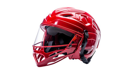 Fototapeta premium A vibrant red helmet stands boldly against a pristine white backdrop