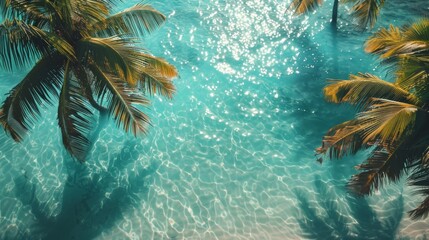 A view of a couple palm trees in the water next to some blue ocean, AI