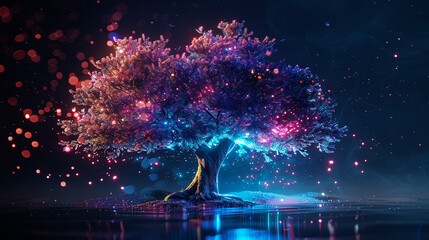 Fantasy magic tree, landscape, abstract neon background.