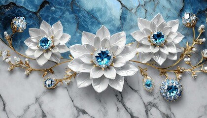 Delicate Jewelry Flowers: 3D Wallpaper with Blue Diamond Detailing