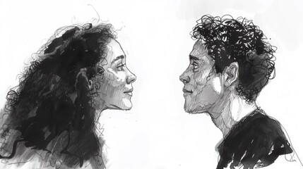 A drawing of a man and woman looking at each other, AI