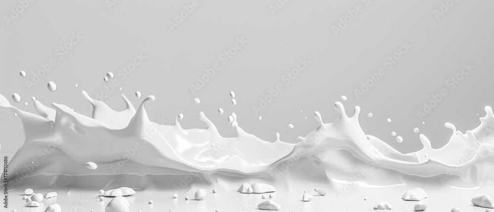 Poster white background with abstract liquid milk splashing, dynamic white paint splashes, and design eleme
