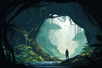 lost person in natural cave in tropical jungle illustration - obrazy, fototapety, plakaty