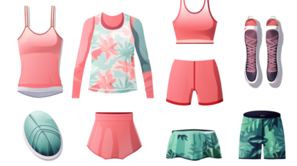 Various types of clothing scattered on a white background