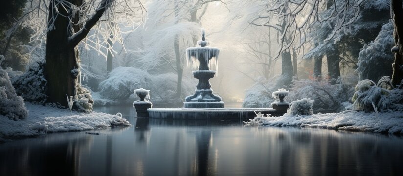 Fountain in a serene winter setting, nestled among snow-covered trees and creating a picturesque scene