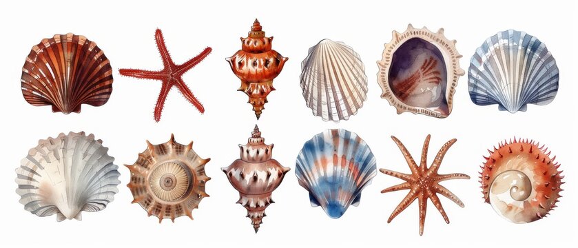 An illustration of nautical elements, sea life, sea shells, urchins, pearls, isolated on a white background, with watercolors
