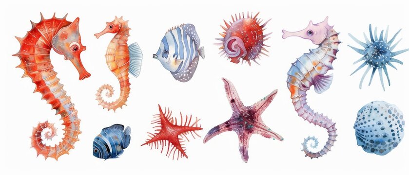 Marine elements, fish, seahorses, urchins, starfish, isolated on white