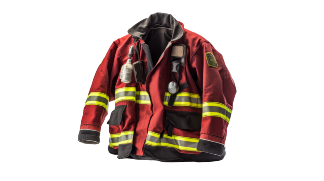 A firemans jacket hangs on a stark white wall, symbolizing bravery and protection