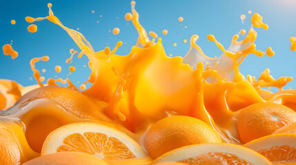 A fresh orange fell on the surface of the orange juice bursting into a splash against of sunlit and blue background	 - obrazy, fototapety, plakaty