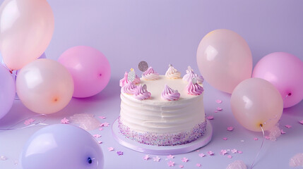 A whimsical fairy-tale inspired birthday cake with pastel fondant and edible glitter, surrounded by light pink and lavender balloons on a solid lilac background. - obrazy, fototapety, plakaty