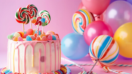 A whimsical candy land themed birthday cake with bright colors and edible candies and lollipops, next to multicolored balloons on a solid candy pink background. - obrazy, fototapety, plakaty
