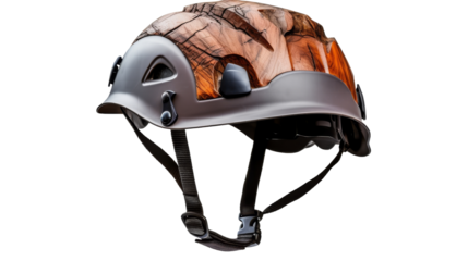 A helmet adorned with intricate wooden designs, embodying the essence of nature and protection
