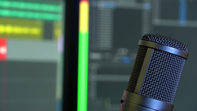 Sound and sound editing in a recording studio with a microphone