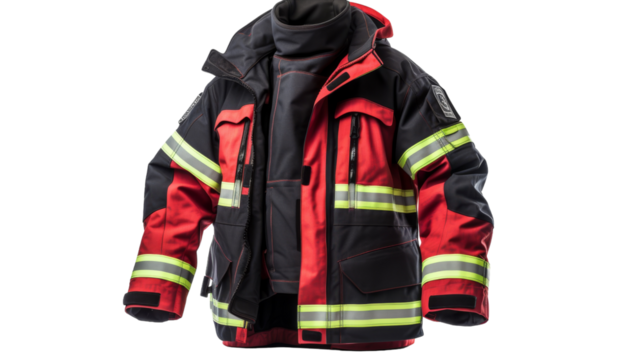 A firefighters jacket, symbol of bravery and protection, displayed against a pure white background